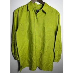 Liz Claiborne Lizsport Lime Green Linen Button Up Long Sleeve Shirt Small